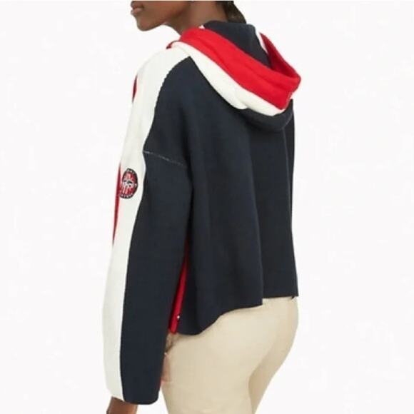 Tommy Hilfiger Colorblock Oversized Red Hoodie Sweater Logo Sleeve Women Size L - Picture 3 of 9